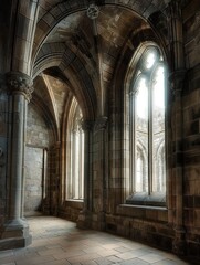 Ancient Scottish stone cathedral interior with intricate pillars, arches, stained-glass windows. European historic landmark architecture with grand stair, old building, classic design. Scotland, UK,