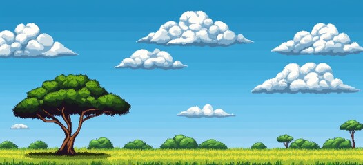 Vibrant Landscape with Clouds and Tree in Pixel Art Style