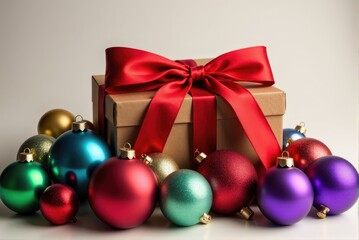 A stack of multicolored Christmas baubles, topped with a green ribbon and red and gold ribbons at the base