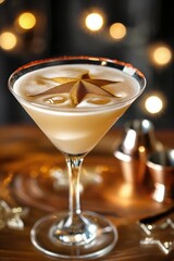 Glass of Pornstar Martini cocktail with passion fruit garnish. Close-up of drink vibrant colors, fresh fruit, and clear liquid. Cocktail glass with rim of sugar, garnished with slice of passion fruit.