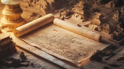Fototapeta premium A scroll depicting a traditional Chinese city unfolds on a table with miniature structures, evoking a sense of history and cultural heritage.