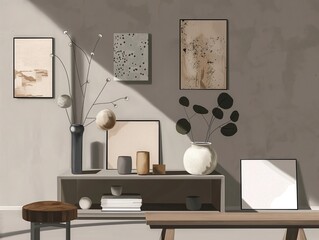 Gray-brown color palette illustration of simple moodboard design. Collage arrangement of textures, materials, and colors in harmony. Minimalistic, digital, AI-generated, generative art.