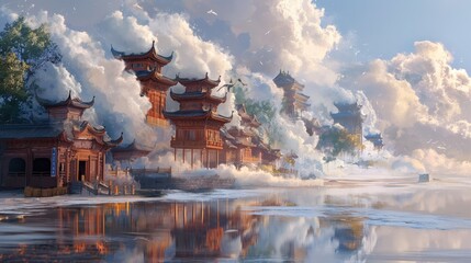Asian building structure on lake shore with calm water and cloudy sky. Beautiful painting with vibrant colours and intricate details. Decorative architecture with traditional elements.