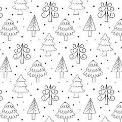 Fir trees in the forest, minimalist seamless pattern, winter decorative ornament. Hand drawn holiday background for greeting card, textile, packaging, template.