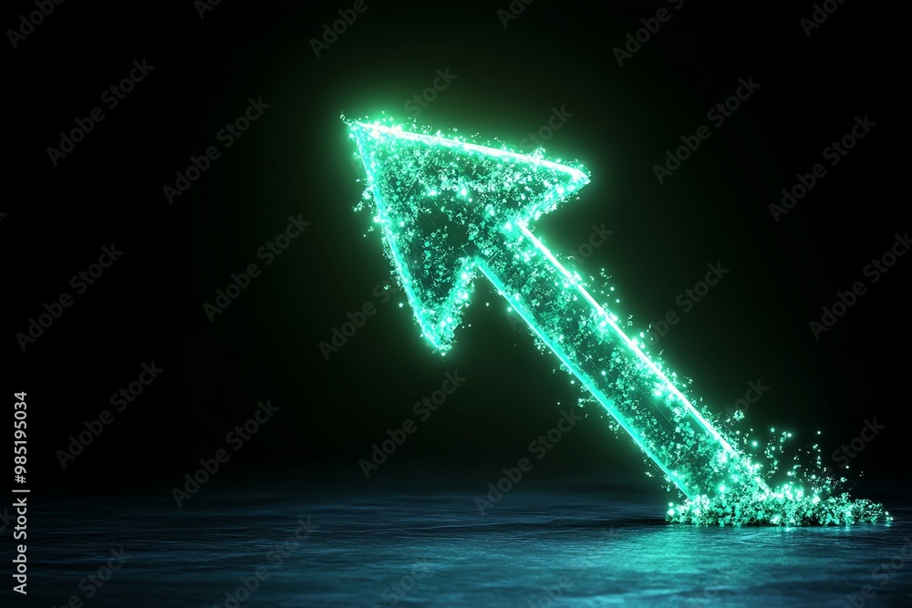 Poster abstract glowing arrow, breaking through a barrier, symbolizing overcoming obstacles in business dev