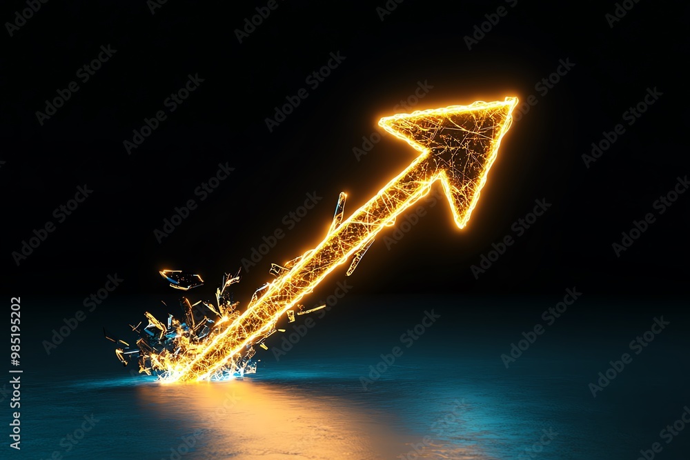 Poster abstract glowing arrow, breaking through a barrier, symbolizing overcoming obstacles in business dev