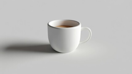 A white ceramic mug filled with coffee on a plain grey background.