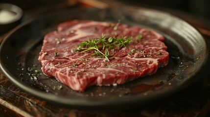 Raw Beef Steak with Thyme and Salt - Ready for Grilling