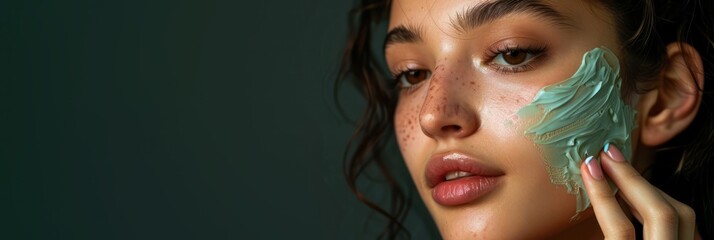 Obraz premium Model woman applies green cream on face in beauty studio with dark background. Curly hair cascades down shoulders, wears green headband. Image highlights tanned skin, draws attention to features.
