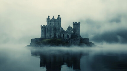 Obraz premium A castle on a lonely island surrounded by mist, its crumbling towers barely visible through the fog.