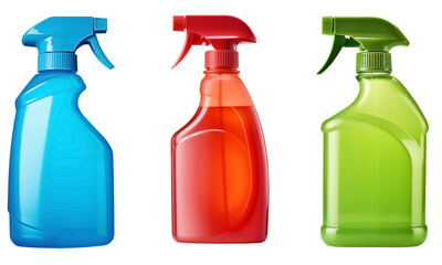 Close Up Front View To a Set Of Detergent bottles PNG With Spraying Caps isolated on white and transparent background - Liquid soap Cleaning product For Laundry and Cleaning Concept