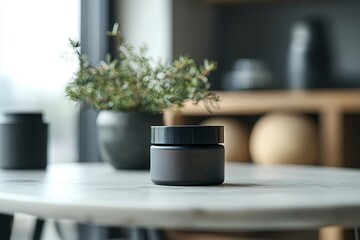 Black Jar with Speckled Texture on a White Tabletop