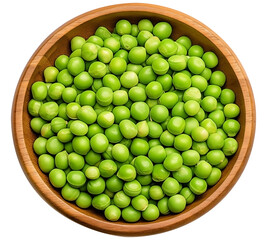 Close Up Top View To a Set of Fresh Green peas PNG pea kernels inside a wooden Bowl isolated on white and transparent background - Organic Pea pods Green vegetables Healthy food