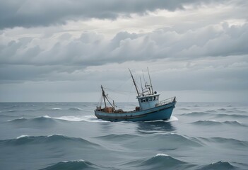Obraz premium A fishing boat on the open ocean with a cloudy sky in the background