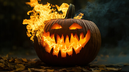 Fototapeta premium A carved pumpkin with flames coming out of its mouth, creating a fiery Halloween spectacle.