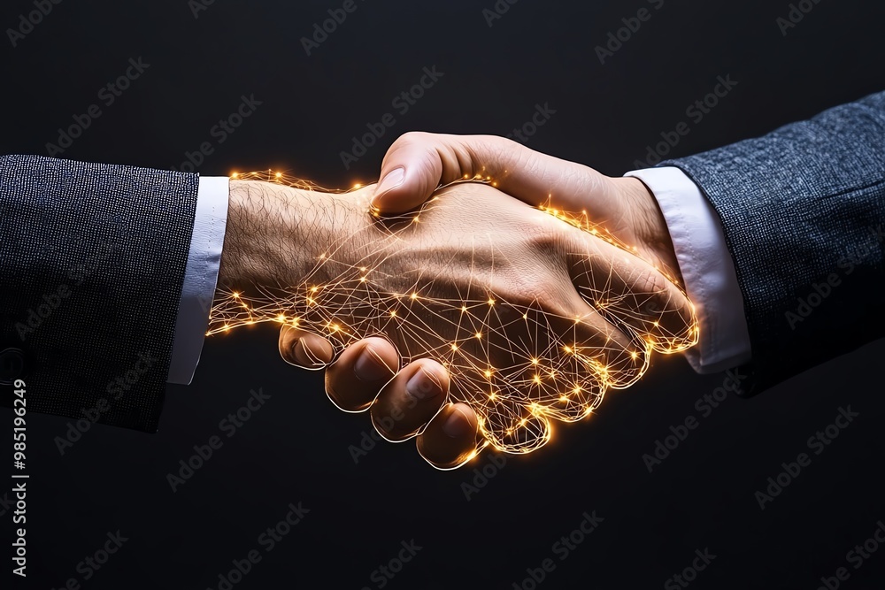 Poster abstract hands shaking, with glowing lines connecting them, symbolizing trust and a positive busines