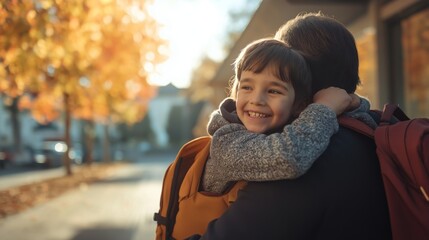 Parent hugging a smiling child with backpacks on a sunny autumn morning near the school entrance