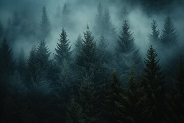 Dark forest with coniferous trees on a foggy misty gloomy day. Dense coniferous trees stand tall in a dark forest. Foggy misty atmosphere surrounds the trees.