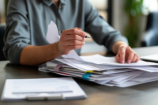 Businesswoman working at office desk with documents, files, and papers. Close-up of professional female employee handling paperwork and contracts. Focus on administrative tasks and office work.