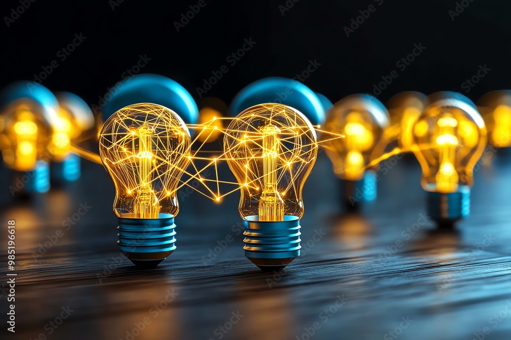 Aufkleber abstract idea network, with glowing lines connecting lightbulbs, representing collaboration in a bus
