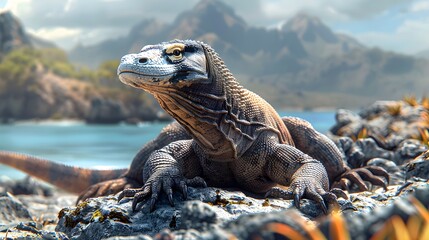 Fototapeta premium Fierce Komodo dragon basking in sun.