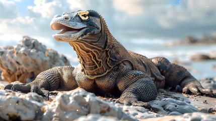 Obraz premium Fierce Komodo dragon basking in sun.
