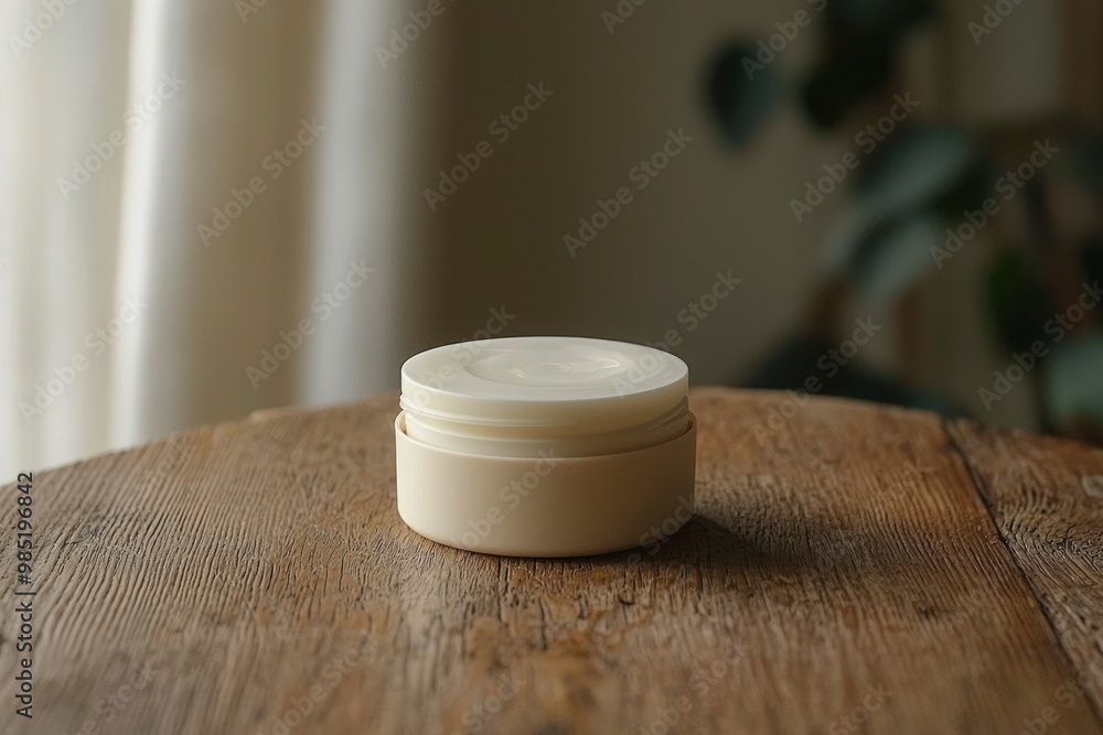 Sticker a white cream jar on a wooden tabletop