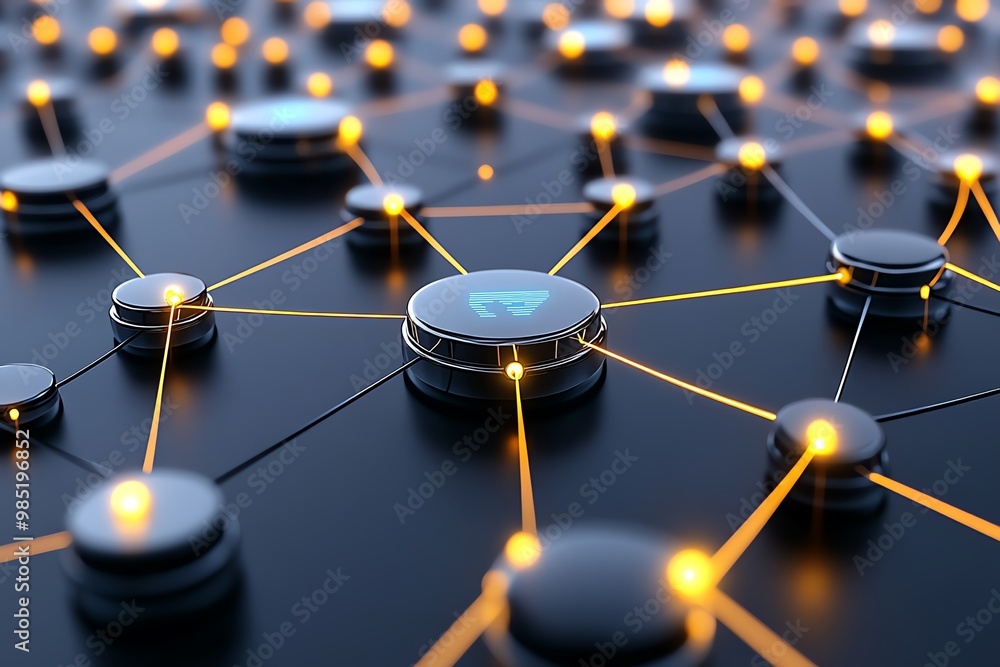 Poster Abstract network of business data, with interconnected nodes and glowing lines representing analytics insights