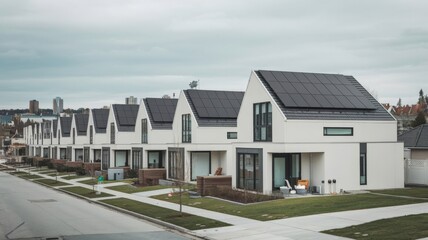 Contemporary Cityscape Featuring Modern Homes With Solar Panels in an Urban Neighborhood. Generative AI