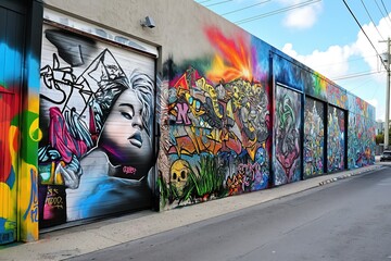 Fototapeta premium Graffiti street art na ścianie w Wynwood Miami na Florydzie. Urban design nowoczesna kolorowa farba na chodniku. Mężczyzna w tle. Żywe kolory graffiti na ścianie miasta.