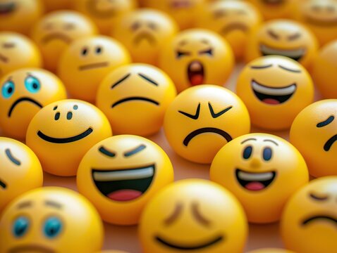 Naklejki Close-up of yellow emoji faces with diverse emotions. Happy, sad, angry, and laughing faces in bright yellow. Different textures and abstract backgrounds. Faces are round and simple, yet expressive.