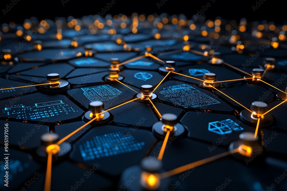 Poster Abstract network of business data, with interconnected nodes and glowing lines representing analytics insights