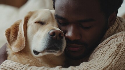 Emotional Moment of a Man Cuddling with a Dog