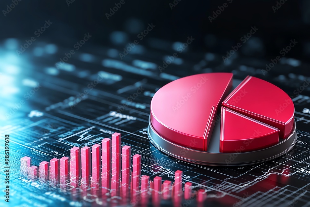 Poster abstract pie chart and bar graph, layered together in a dynamic, modern business analytics graphic