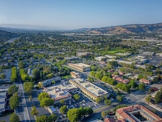 Fototapeta premium Aerial shot of city in California, United States. Cityscape with park, outdoors, architecture, urban, building, street, travel, landmark, sky, town, view, tower, roof. Modern city with green spaces,