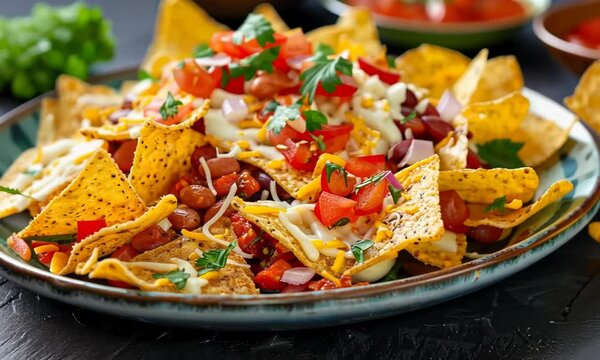 A plate of nachos with beans, tomatoes, and cheese 4K Video