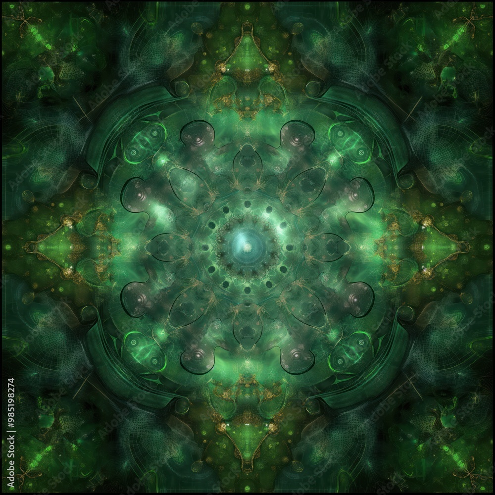 Poster vibrant green fractal pattern background. kaleidoscope design with intricate geometric shapes. abstr