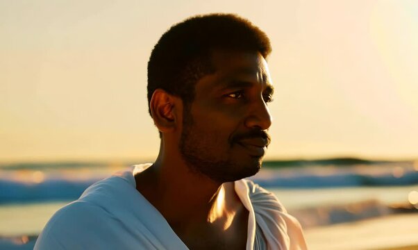Sudanese Man Walking on Beach at Sunset