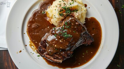 Close-up of a Seared Steak with Mashed Potatoes and Gravy on a White Plate