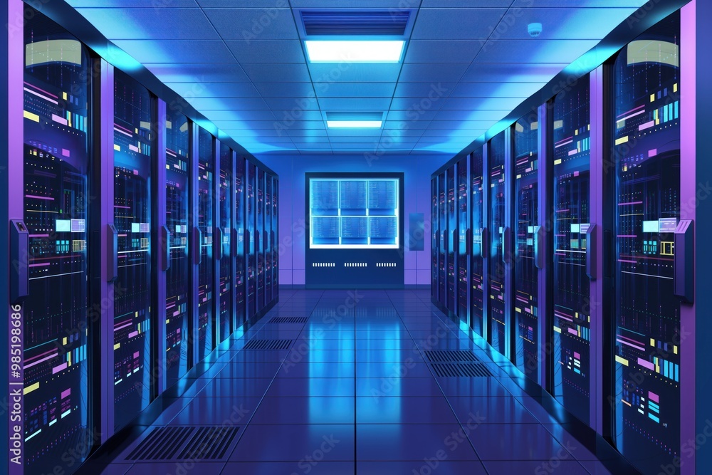 Poster server room interior in data center with rows of rack-mounted servers. computer networking equipment