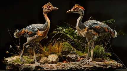 Two Prehistoric Bird Sculptures in a Detailed Diorama