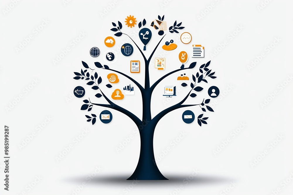 Poster Abstract tree of growth, with branches representing different aspects of business development like strategy, marketing, and innovation