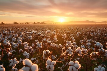 Cotton field landscape on sunrise in Mexico with organic plant growth. White cotton flowers and fluffy seeds on green stems in a sunny agricultural background. Ripe cotton bolls ready for harvesting.