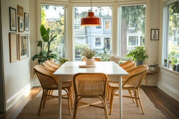 Dining room with a white oak table and rattan chairs, big windows that keep the room bright and well-litted 