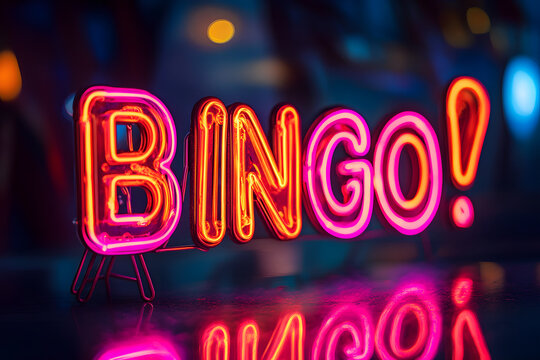 A vibrant neon sign spelling bingo illuminates the atmosphere during a spirited game night, attracting players and enhancing excitement in the room. Bingo Month concept