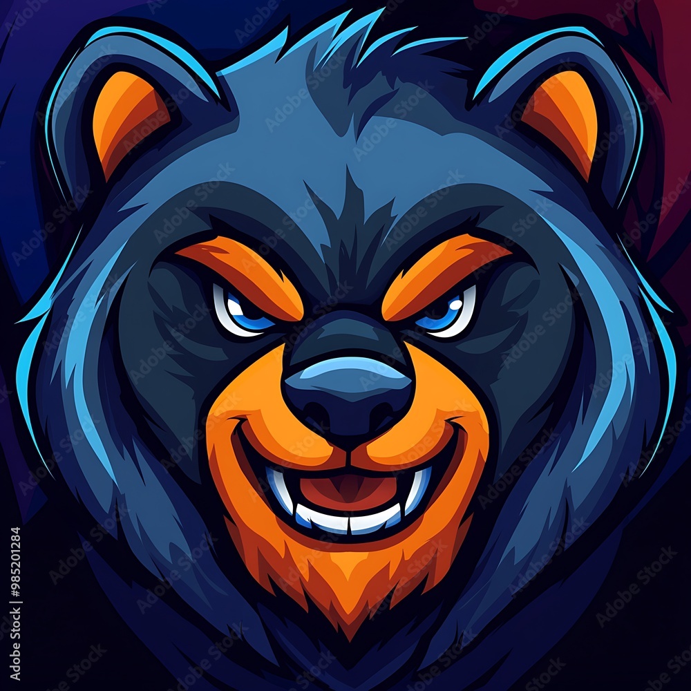 Sticker Angry Bear Mascot with Blue Fur and Orange Mouth, Gaming Logo Design