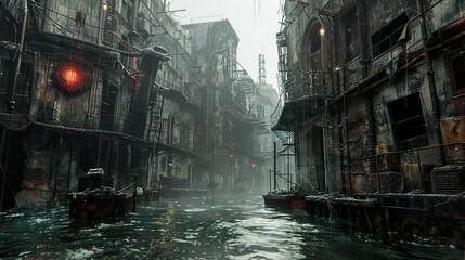 Cyberpunk Cityscape: A Dark and Gloomy Canal