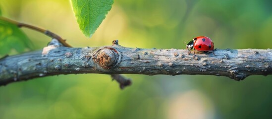 Red Beautiful Ladybug On The Grey Tree Twig On The Background Of Green Leaves Tiny Ladybird On The Dried Tree Branch