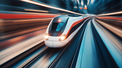 Fototapeta premium High-speed train racing through a cityscape at dusk.
