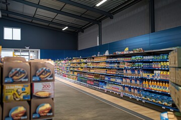 Grocery store aisle in supermarket, Ramsgate, UK. Blue wall divides shelves with cereal, snacks, and drinks. Well-stocked and organized store layout with neatly arranged products.